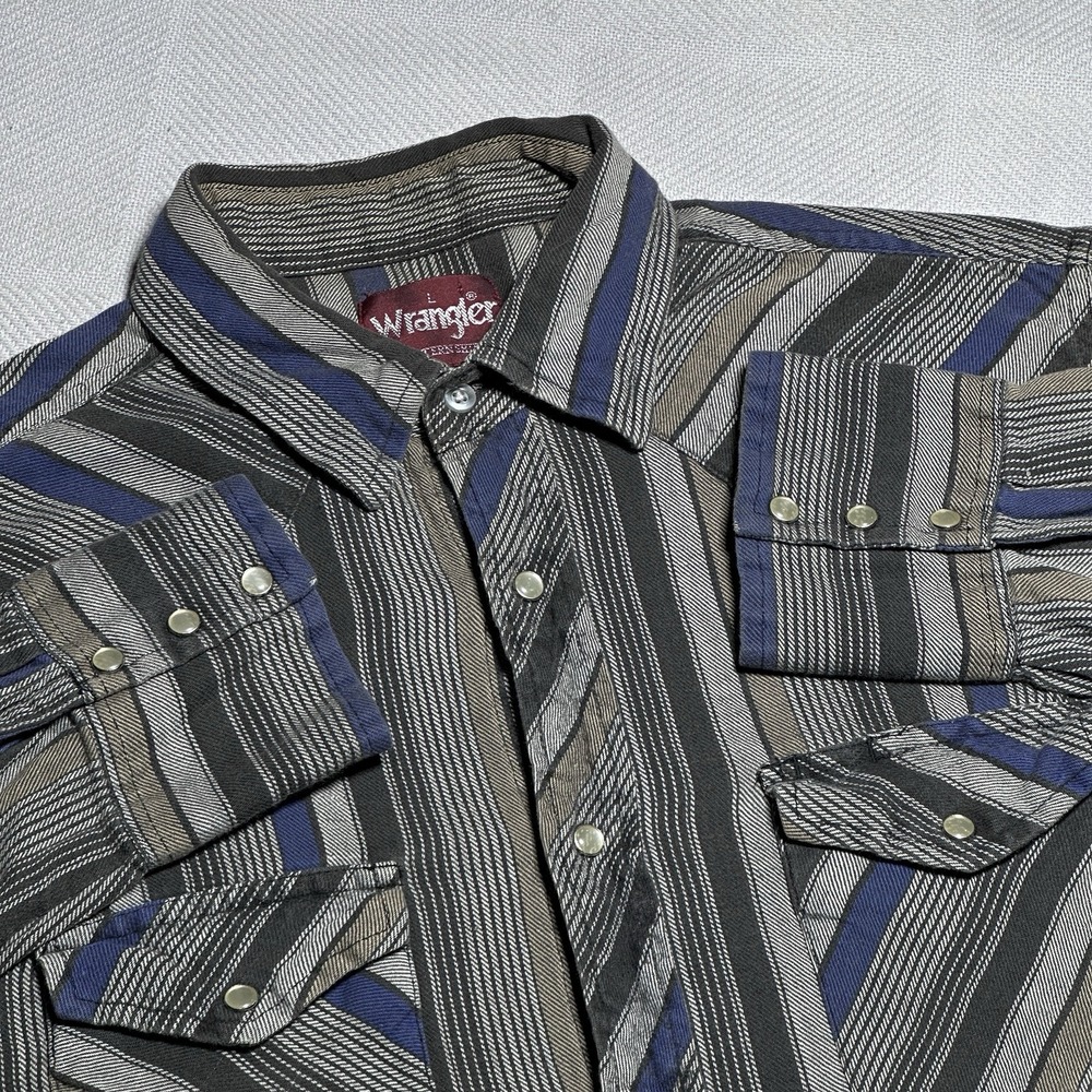 Vintage Wrangler Western Pearl Snap Shirt Mens Large‎ Flap Pocket Striped Twill